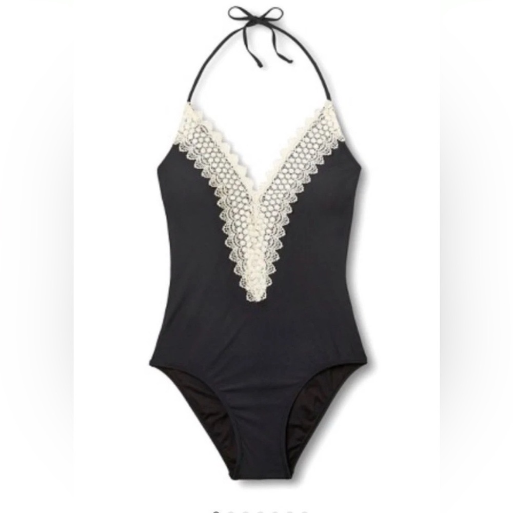 Sea Angel Black/ Cream Lace V-Neck Halter One Piece Swim Bathing Suit Sz L- NWT